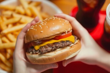 closeup of a burger in hands with fries and soda beside