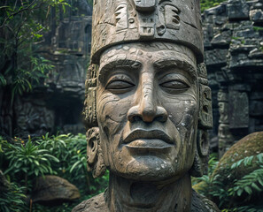 Fototapeta na wymiar Damaged stone statue representing a deity of an ancient culture in South America.