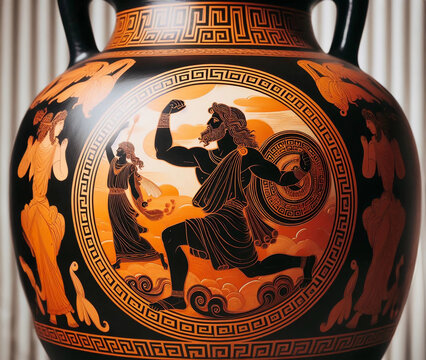 Ancient greek jar representing the Trojan War with Achilles trying to rescue Helen.