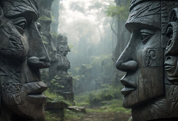 Giant stone faces in a secret passage of a tropical jungle. Fantasy art.