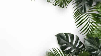 Tropical leaves on white background. Flat lay, top view. Palm and monstera