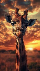 Close-up of a giraffe with a vibrant sunset background