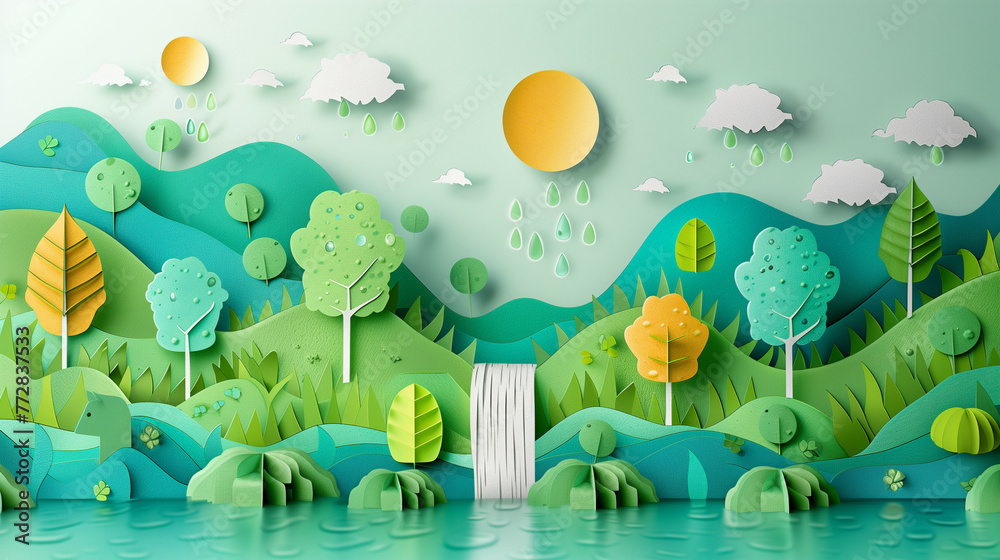 Wall mural Paper art depicting environmental protection for World Water Day