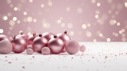 Christmas balls on pink background. New Year wallpaper with Christmas baubles