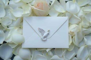 envelope with dove charm amidst white petals