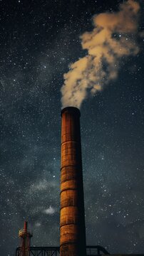 Industrial smokestack emitting smoke against starry night sky