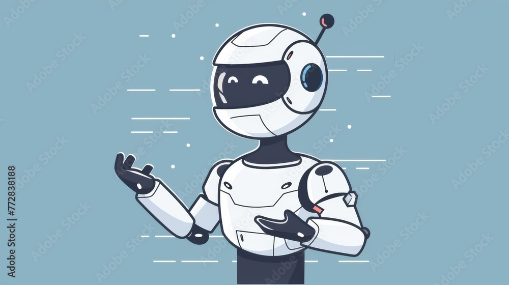 Poster friendly robot gesturing during presentation against blue background