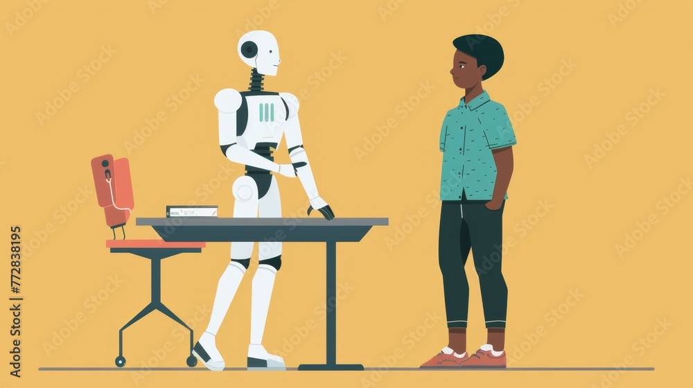 Aufkleber man standing next to robot at desk