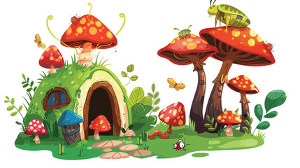 Cartoon funny insects with mushroom house Flat vector