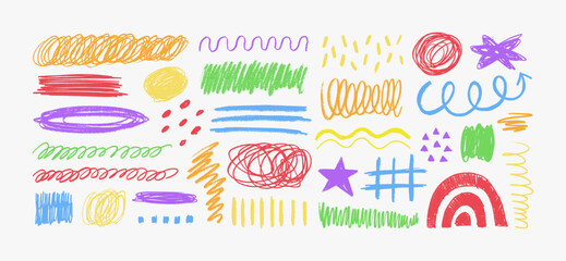Colorful Crayon Pencil Scribble Textures and Shapes. Children's Charcoal Hand Drawn Doodle Scratches. Vector Elements of Waves, Squiggles, Circles, Lines, Star, Scratches for Patterns, Templates - 772838148