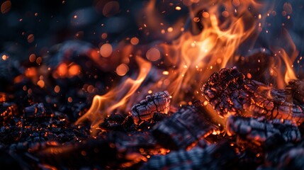 Close-up of burning embers and flames