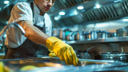 Restaurant worker diligently cleaning kitchen post-service, focus on hand