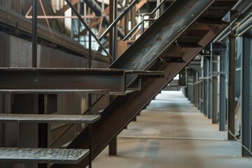side angle of steel stairs with footsteps echoing in a large hall