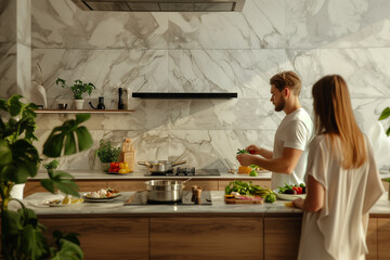 Young couple cooking in the modern kitchen