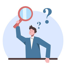 businessman using magnifying glass, observing, analyzing, looking for ideas. suitable for business themes. flat vector illustration.