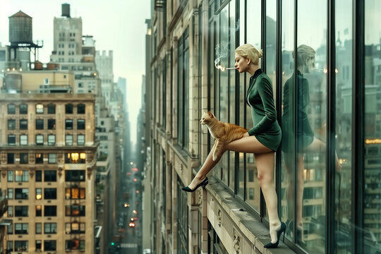 An attractive businesswoman holding a cat and smoking a cigarette while balancing on a building fence, an illustration of a risky business in a big city, stress or office anxiety 