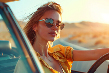 A sensual blond woman portrait traveling by car in a desert road