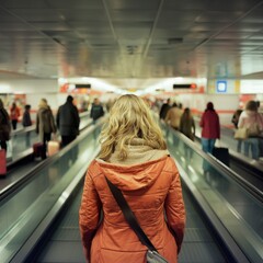 "Airport Arrival: Woman Awaits Luggage Retrieval in Terminal Hall"