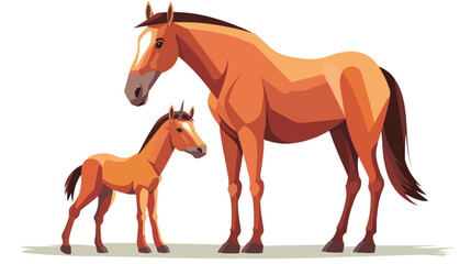 Cartoon happy brown horse with a foal Flat vector isolated