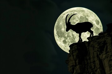ibex silhouette on a cliff crest against full moon