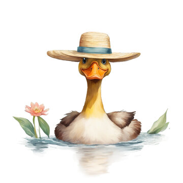 A colorful duck, possibly a mandarin, wears a flower on its head in a funny image of nature