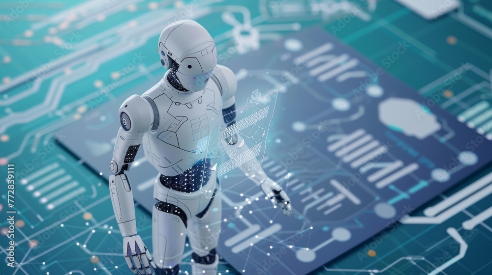 Poster robot standing on top of blue circuit board