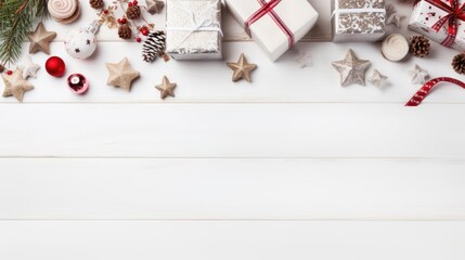Christmas gifts, on white background. Flat lay, top view, copy space. Christmas composition.