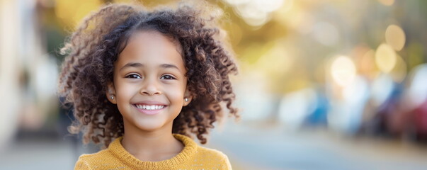 Smiling little African American child on blurry street background portrait. Cute immigrant offspring walks in city. Black kinky haired girl. - obrazy, fototapety, plakaty