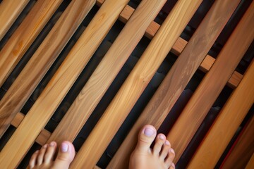 closeup of feet on wooden slats of an infrared sauna - obrazy, fototapety, plakaty