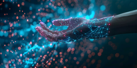 Digital image of a human hand in abstract form consisting of luminous dots on a blue background, Endless potential in technology pushing boundaries and innovation on limitless horizons Concept.