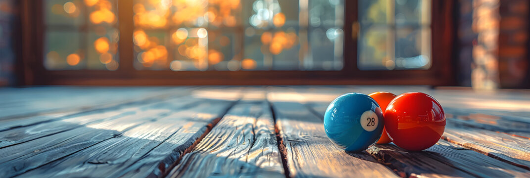 Billiard Balls on a Wooden Floor of Gym,
A photo capturing the dynamic movement of billiard balls colliding on the table
