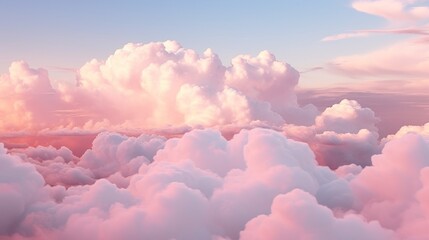 The sky is filled with fluffy pink clouds, creating a serene - obrazy, fototapety, plakaty