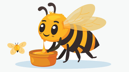 Cartoon little bee with honey pot Flat vector isolated