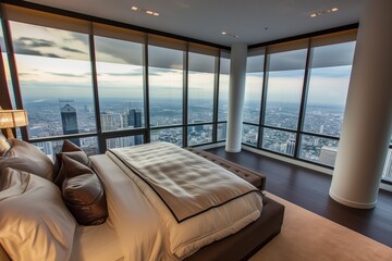 elegant penthouse bedroom with kingsize bed and panorama city view