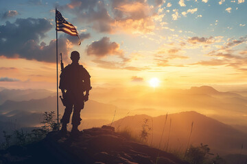 Soldier with USA flag during sunrise, Veterans Day  - obrazy, fototapety, plakaty