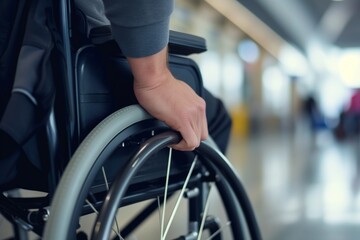 closeup of hand on wheelchair wheel in airport terminal - obrazy, fototapety, plakaty
