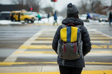 person with backpack waiting at a school crosswalk