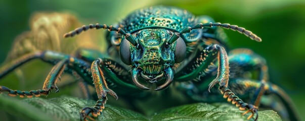 Close-up of a colorful carabidae beetle on a green leaf - obrazy, fototapety, plakaty