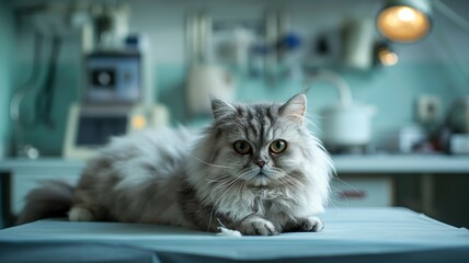 Cat lying on a table in a veterinary clinic