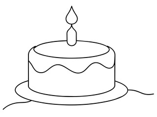 Continuous Single Line Drawing of Birthday Cake with Candles: Sweet Celebration Symbol in Simple Linear Style. Editable Stroke. Doodle Vector Illustration of Pastry Confectionery Icon Concep