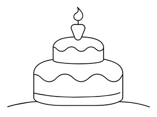 Continuous Single Line Drawing of Birthday Cake with Candles: Sweet Celebration Symbol in Simple Linear Style. Editable Stroke. Doodle Vector Illustration of Pastry Confectionery Icon Concep