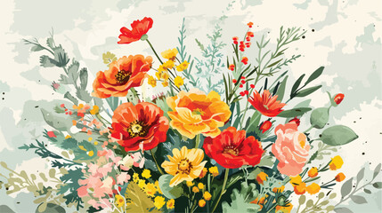 Fototapeta na wymiar A bouquet of flowers in watercolor. Vintage postcard background
