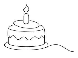 Continuous Single Line Drawing of Birthday Cake with Candles: Sweet Celebration Symbol in Simple Linear Style. Editable Stroke. Doodle Vector Illustration of Pastry Confectionery Icon Concep