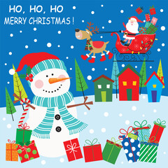 Christmas card with cute snowman, santa, sleigh and gifts