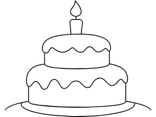 Continuous Single Line Drawing of Birthday Cake with Candles: Sweet Celebration Symbol in Simple Linear Style. Editable Stroke. Doodle Vector Illustration of Pastry Confectionery Icon Concep