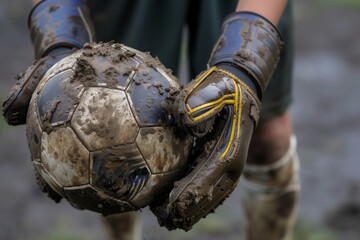 goalkeeper holding muddy soccer ball, gloves stained
