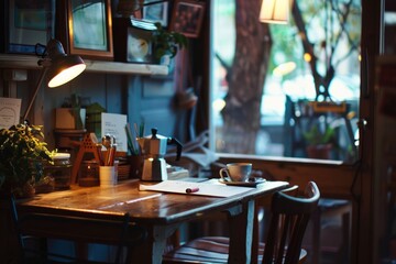 A cozy corner desk in a quaint cafe, with the aroma of freshly brewed coffee, soft background music, and a welcoming atmosphere conducive to focus and creativity, Generative AI - obrazy, fototapety, plakaty