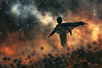 boy wearing a cape as if flying through a field of cosmos
