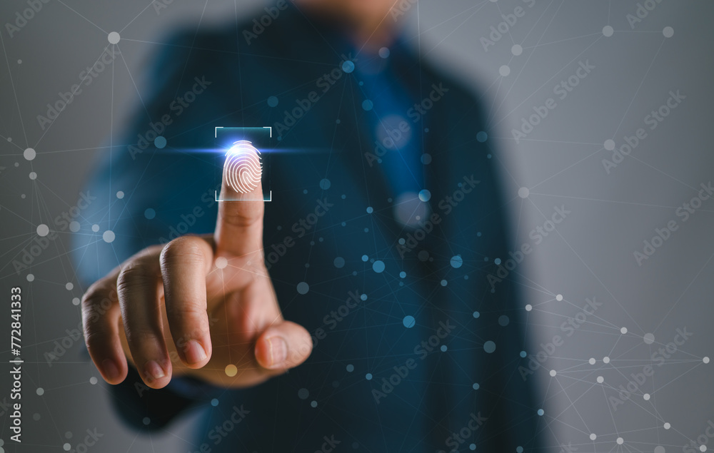 Poster print scan system personal identification technology, businessman scan fingerprint shows biometric finger, access data privacy with id. cyber security concept, Verify your identity in sensor digital