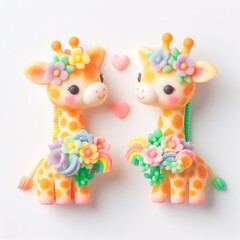 a cute couple giraffe made of pastel color rainbow gummy candy on a white background